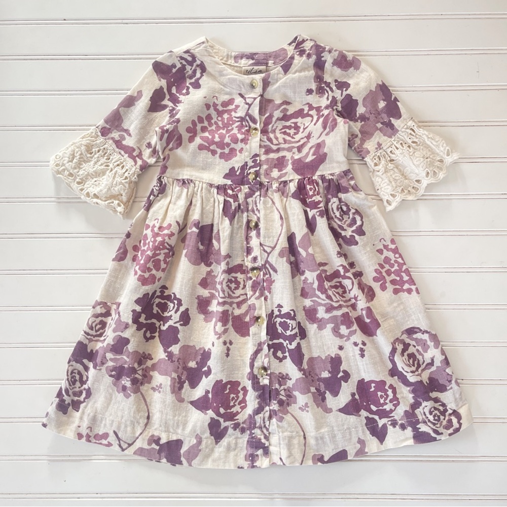 EUC Heirloom Lavender Floral Linen Lace Bell Sleeve Cottagecore Dress